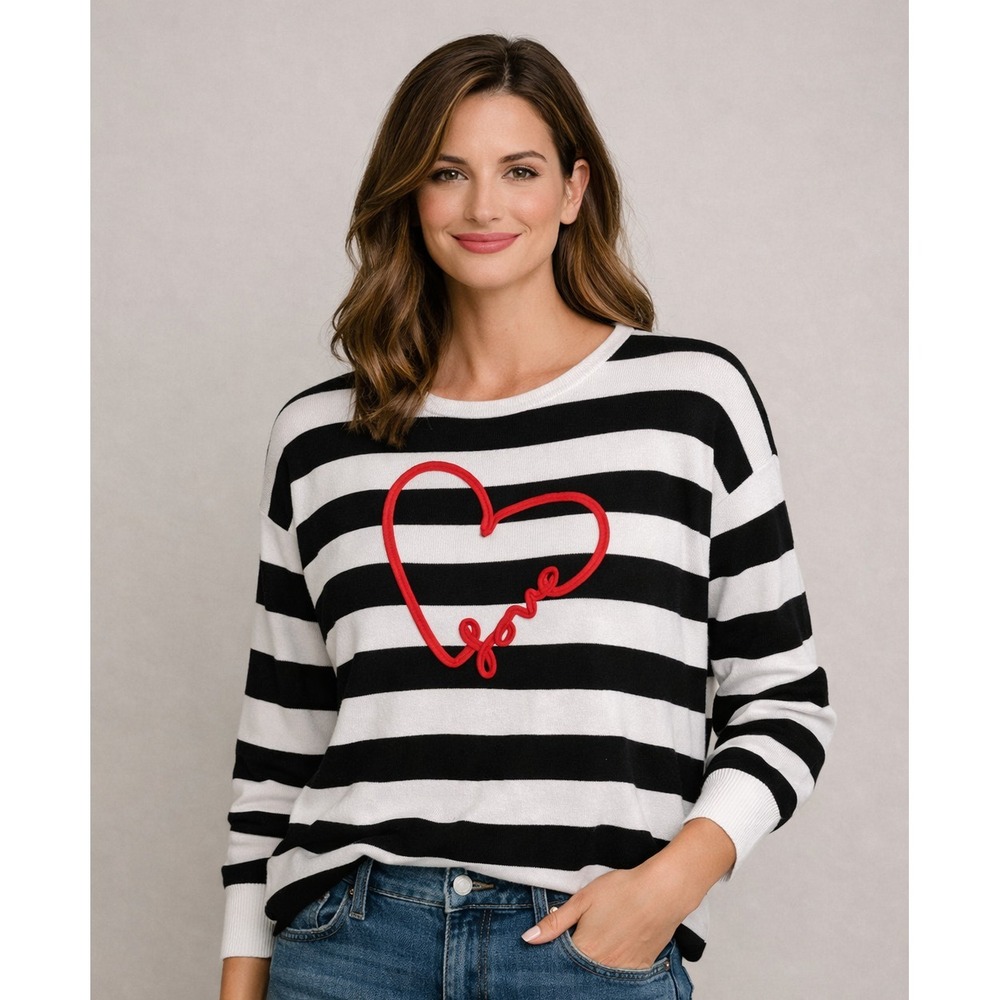 Marled Women's Love Red Heart Black White Striped Sweater Size M Medium